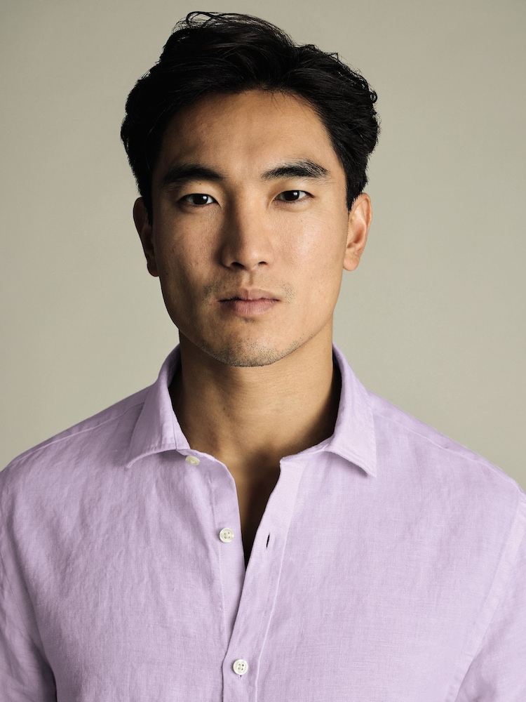 Charles Tyrwhitt Purple Slim Fit Slim Fit Plain Pure 100% Linen Shirt - Image 2 of 6