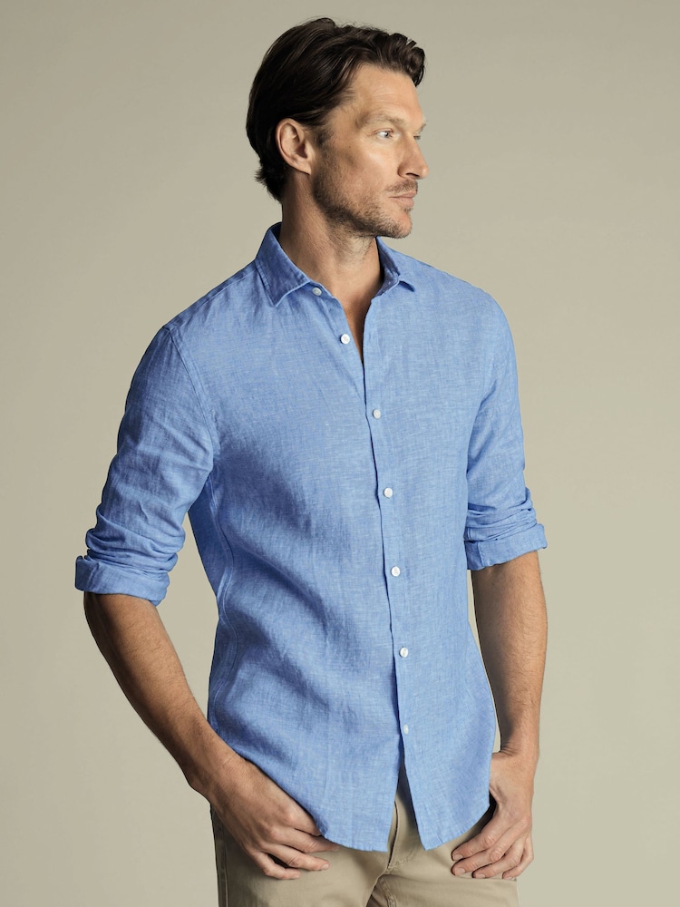 Charles Tyrwhitt Blue Slim Fit Slim Fit Plain Pure 100% Linen Shirt - Image 1 of 6