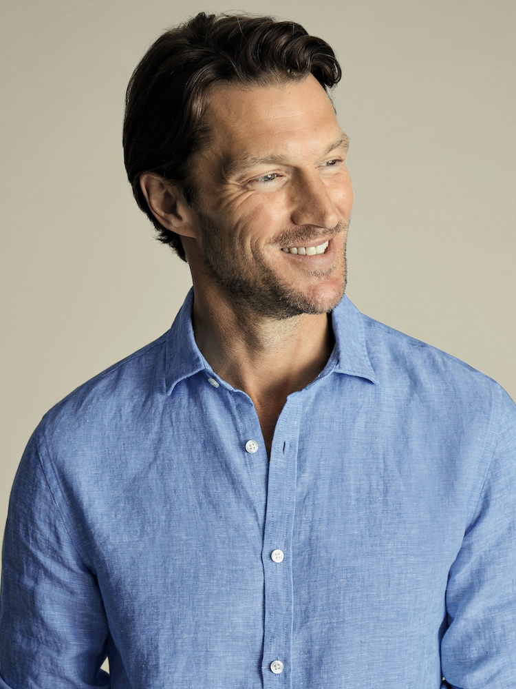Charles Tyrwhitt Blue Slim Fit Slim Fit Plain Pure 100% Linen Shirt - Image 2 of 6