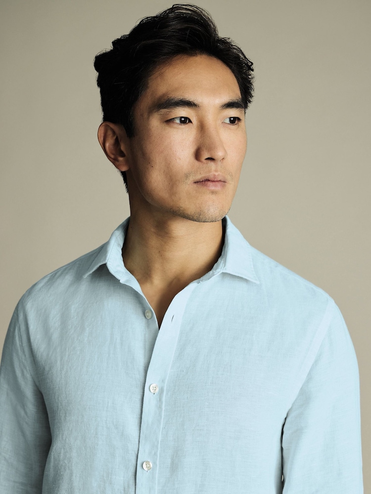 Charles Tyrwhitt Blue Ground Slim Fit Slim Fit Plain Pure 100% Linen Shirt - Image 2 of 5