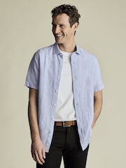 Charles Tyrwhitt Blue Classic Fit Plain Short Sleeve Pure 100% Linen Shirt - Image 1 of 4