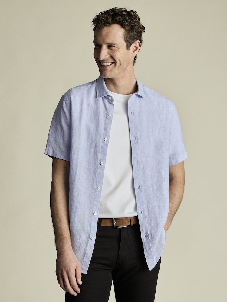 Charles Tyrwhitt Blue Classic Fit Plain Short Sleeve Pure 100% Linen Shirt - Image 1 of 4