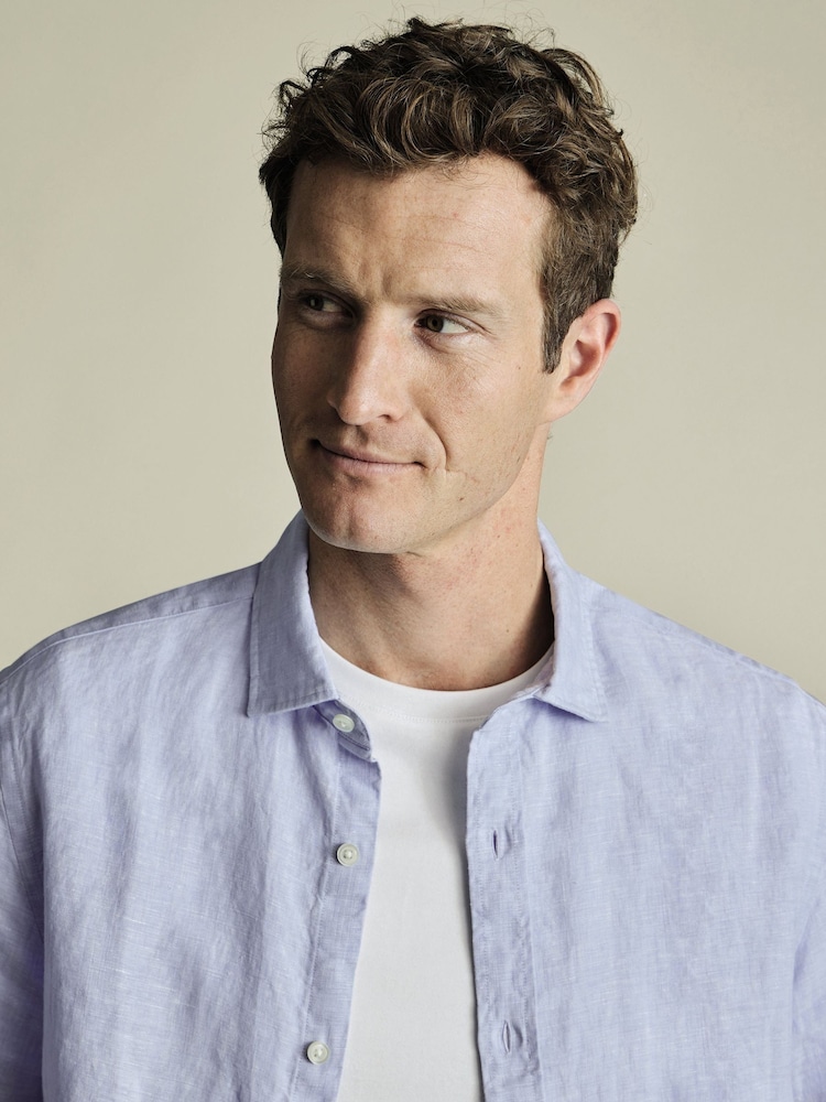Charles Tyrwhitt Blue Classic Fit Plain Short Sleeve Pure 100% Linen Shirt - Image 2 of 4