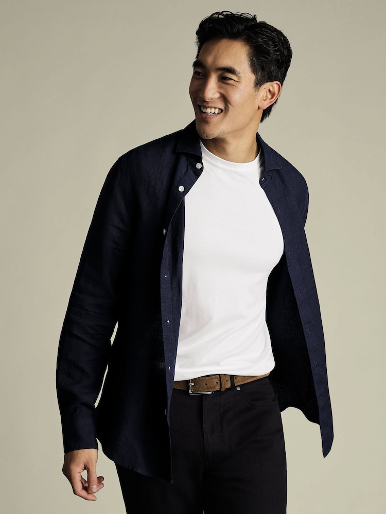 Charles Tyrwhitt Blue Slim Fit Slim Fit Plain Button Down Pure 100% Linen Shirt - Image 1 of 6