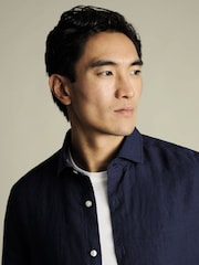 Charles Tyrwhitt Blue Slim Fit Slim Fit Plain Button Down Pure 100% Linen Shirt - Image 2 of 6