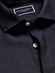 Charles Tyrwhitt Blue Slim Fit Slim Fit Plain Button Down Pure 100% Linen Shirt - Image 5 of 6
