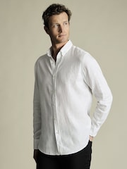 Charles Tyrwhitt White Slim Fit Slim Fit Plain Button Down Pure 100% Linen Shirt - Image 1 of 6