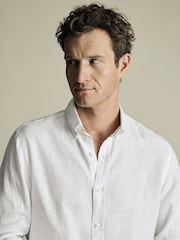 Charles Tyrwhitt White Slim Fit Slim Fit Plain Button Down Pure 100% Linen Shirt - Image 2 of 6