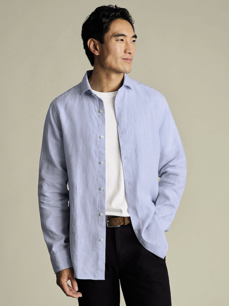Charles Tyrwhitt Sky Blue Slim Fit Slim Fit Plain Button Down Pure 100% Linen Shirt - Image 1 of 6