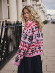 Pink Fairisle Pattern Boucle Crew Neck Jumper With Wool - Image 4 of 9