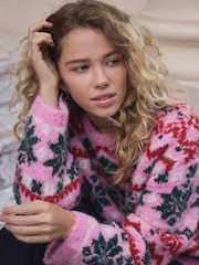 Pink Fairisle Pattern Boucle Crew Neck Jumper With Wool - Image 5 of 9