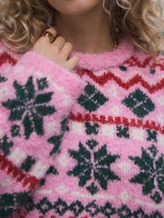Pink Fairisle Pattern Boucle Crew Neck Jumper With Wool - Image 6 of 9