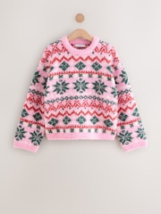 Pink Fairisle Pattern Boucle Crew Neck Jumper With Wool - Image 7 of 9