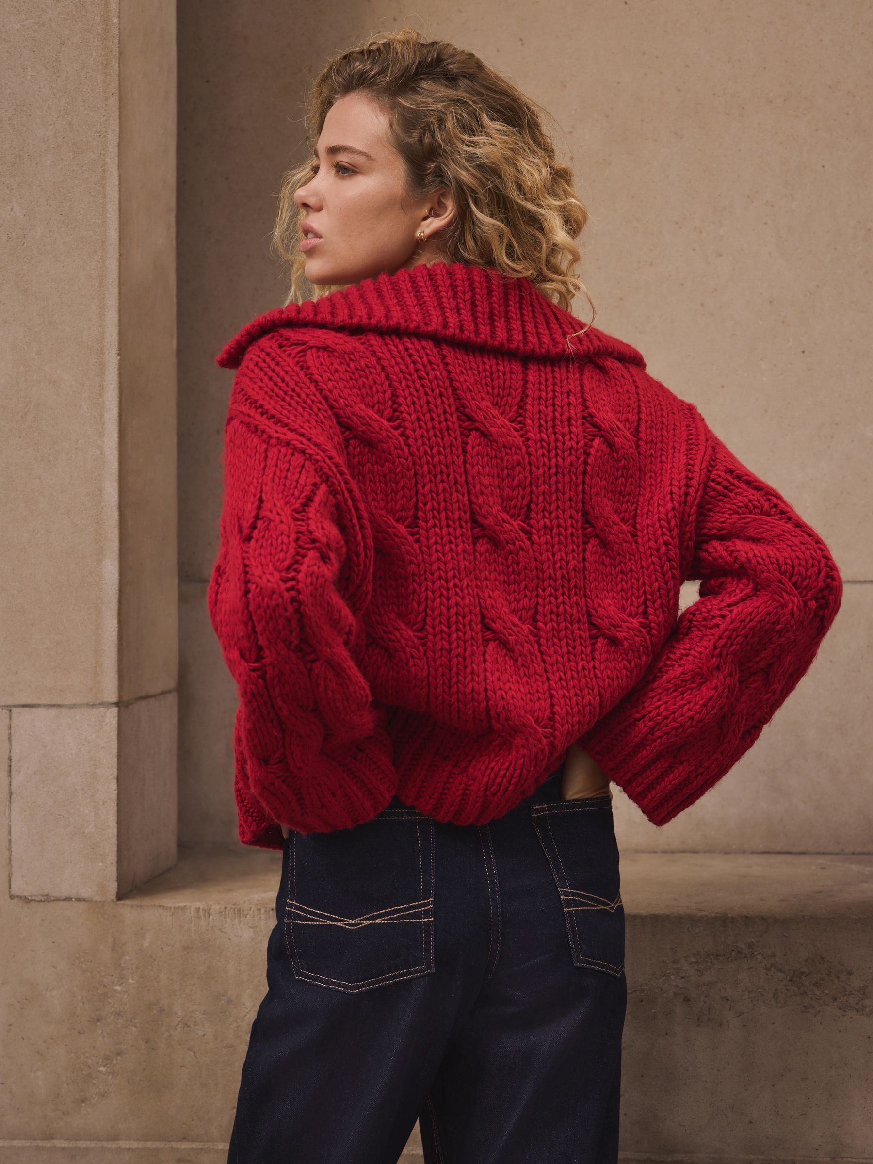 Buy Cherry Red Chunky Cable Knit Open Polo Collar Jumper from Next