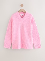 Light Pink Ribbed Longline V-Neck Jumper With Wool - Image 1 of 3
