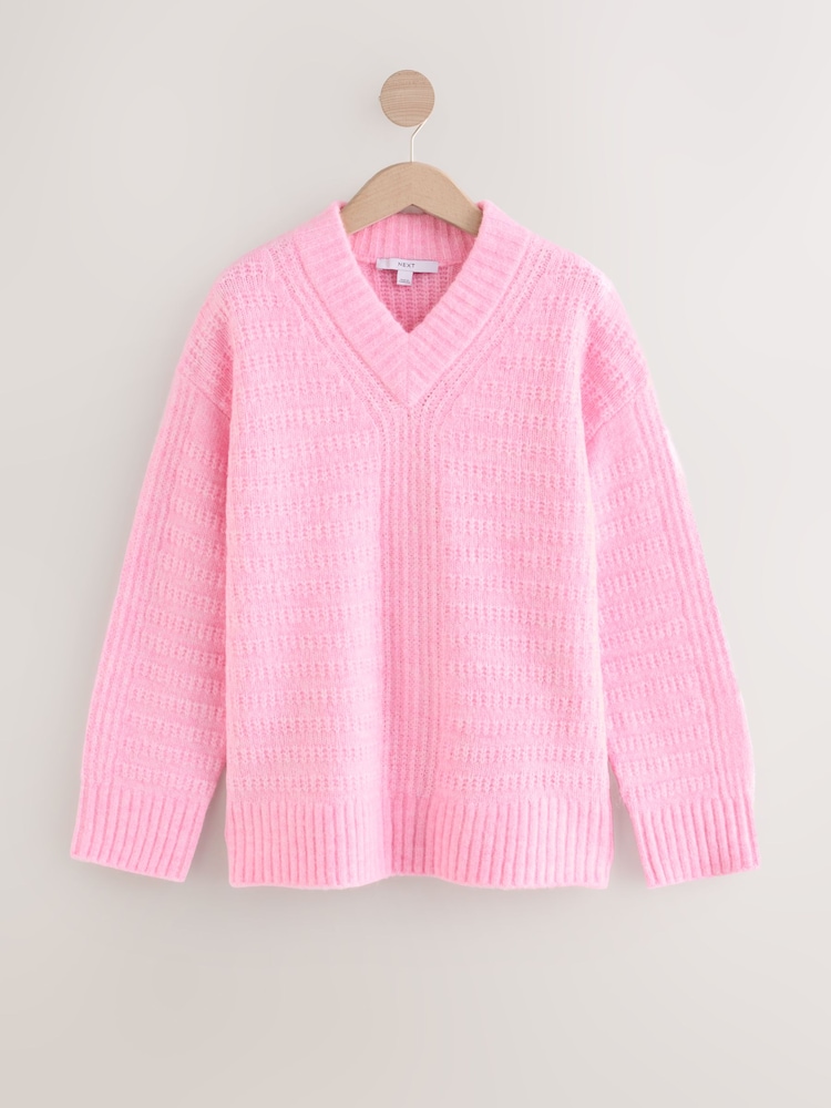 Light Pink Ribbed Longline V-Neck Jumper With Wool - Image 1 of 3