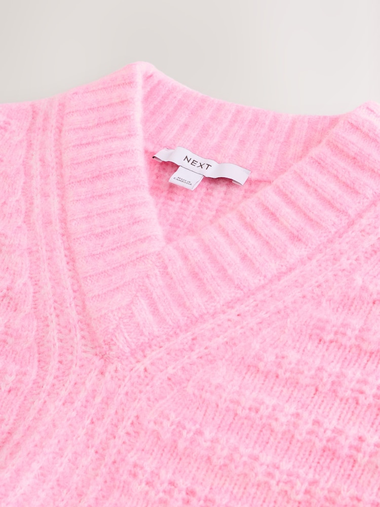 Light Pink Ribbed Longline V-Neck Jumper With Wool - Image 2 of 3 Light Pink Ribbed Longline V-Neck Jumper With Wool - Image 2 of 3