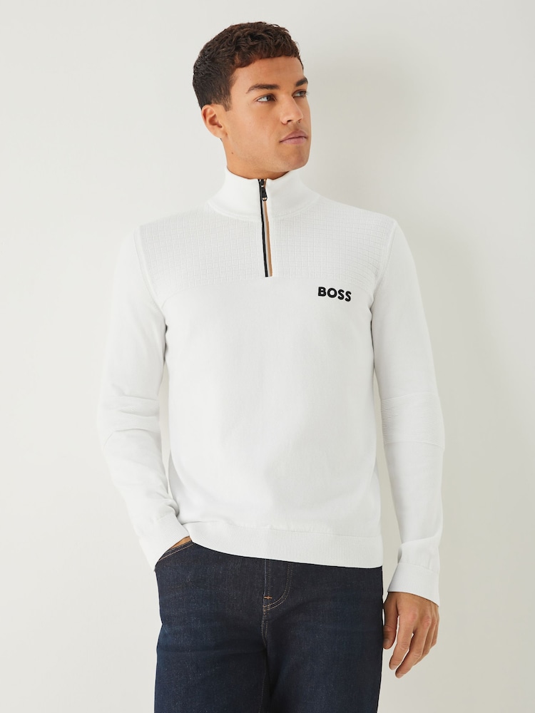BOSS White Hydro Quarter Zip Knitted Jumper - Image 1 of 5 BOSS White Hydro Quarter Zip Knitted Jumper - Image 1 of 5