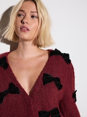 Burgundy Red Knitted Velvet Bow Cardigan With Wool - Image 4 of 8