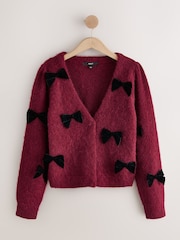 Burgundy Red Knitted Velvet Bow Cardigan With Wool - Image 6 of 8