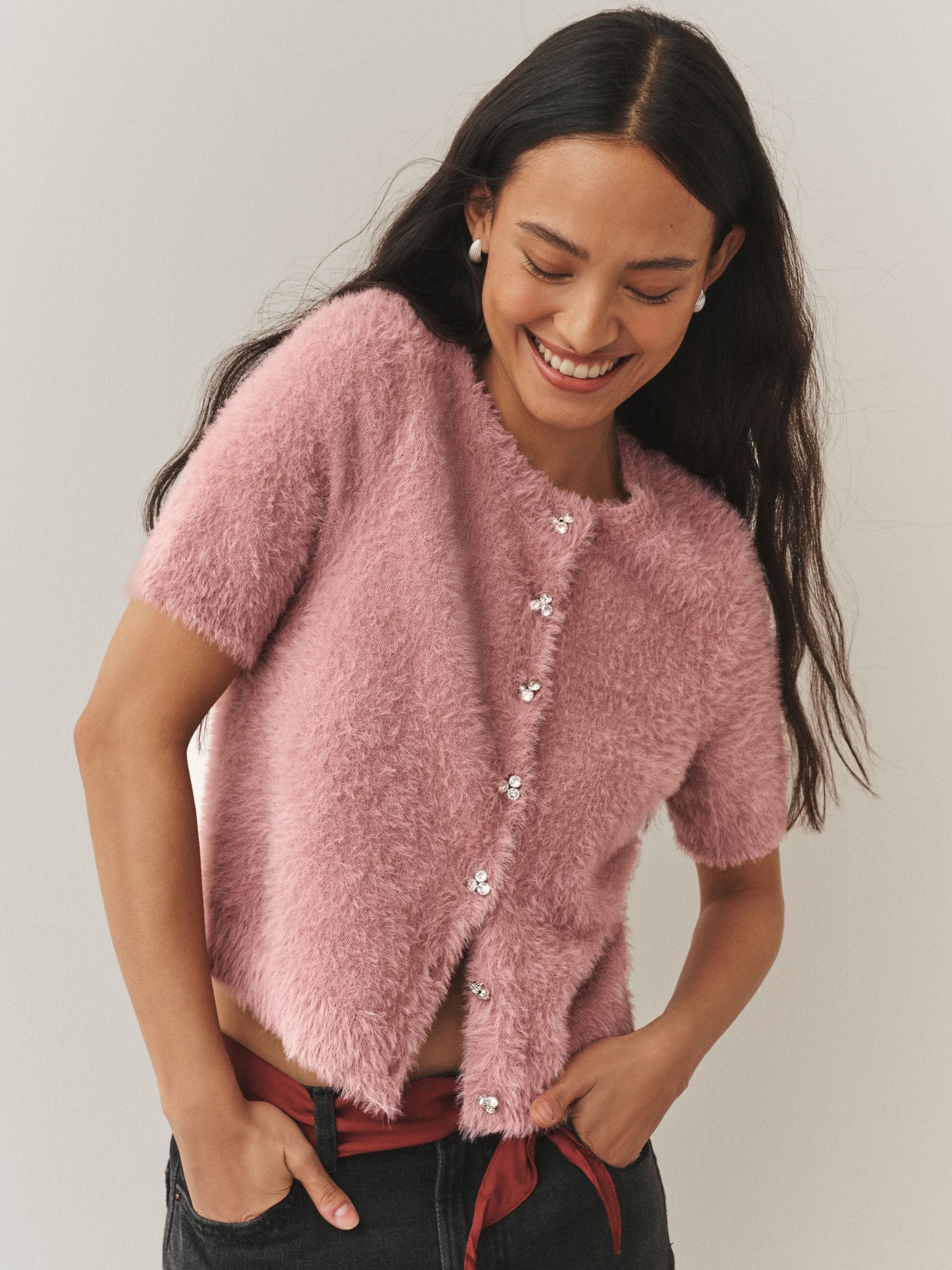 Buy Blush Pink Gem Button Textured Short Sleeve Cardigan from the