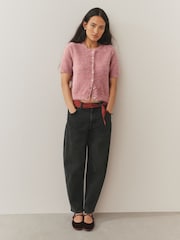 Blush Pink Gem Button Textured Short Sleeve Cardigan - Image 2 of 7