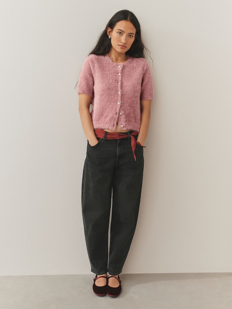 Blush Pink Gem Button Textured Short Sleeve Cardigan - Image 2 of 7