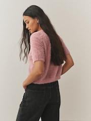 Blush Pink Gem Button Textured Short Sleeve Cardigan - Image 3 of 7