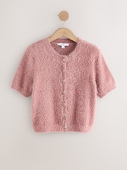 Blush Pink Gem Button Textured Short Sleeve Cardigan - Image 5 of 7