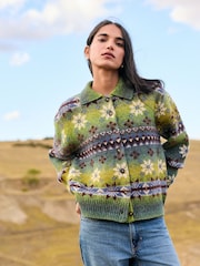 Green/Blue Mutli Space Dye Fairisle Pattern Collar Cardigan - Image 1 of 7