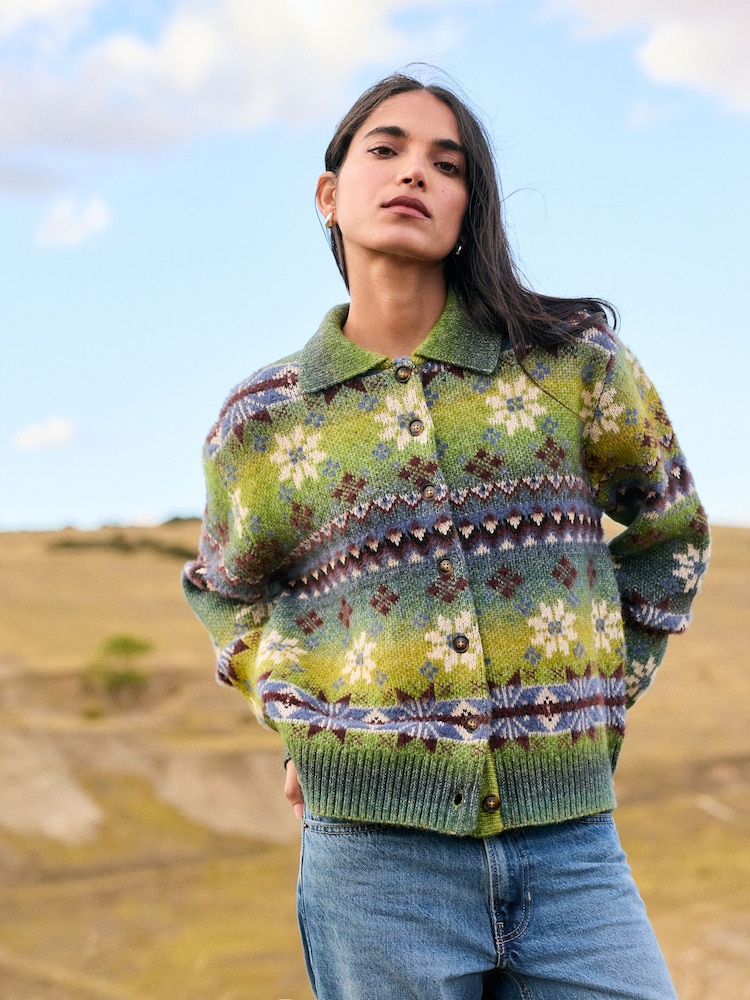 Green/Blue Mutli Space Dye Fairisle Pattern Collar Cardigan - Image 1 of 7