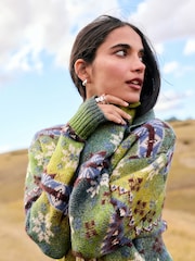 Green/Blue Mutli Space Dye Fairisle Pattern Collar Cardigan - Image 3 of 7