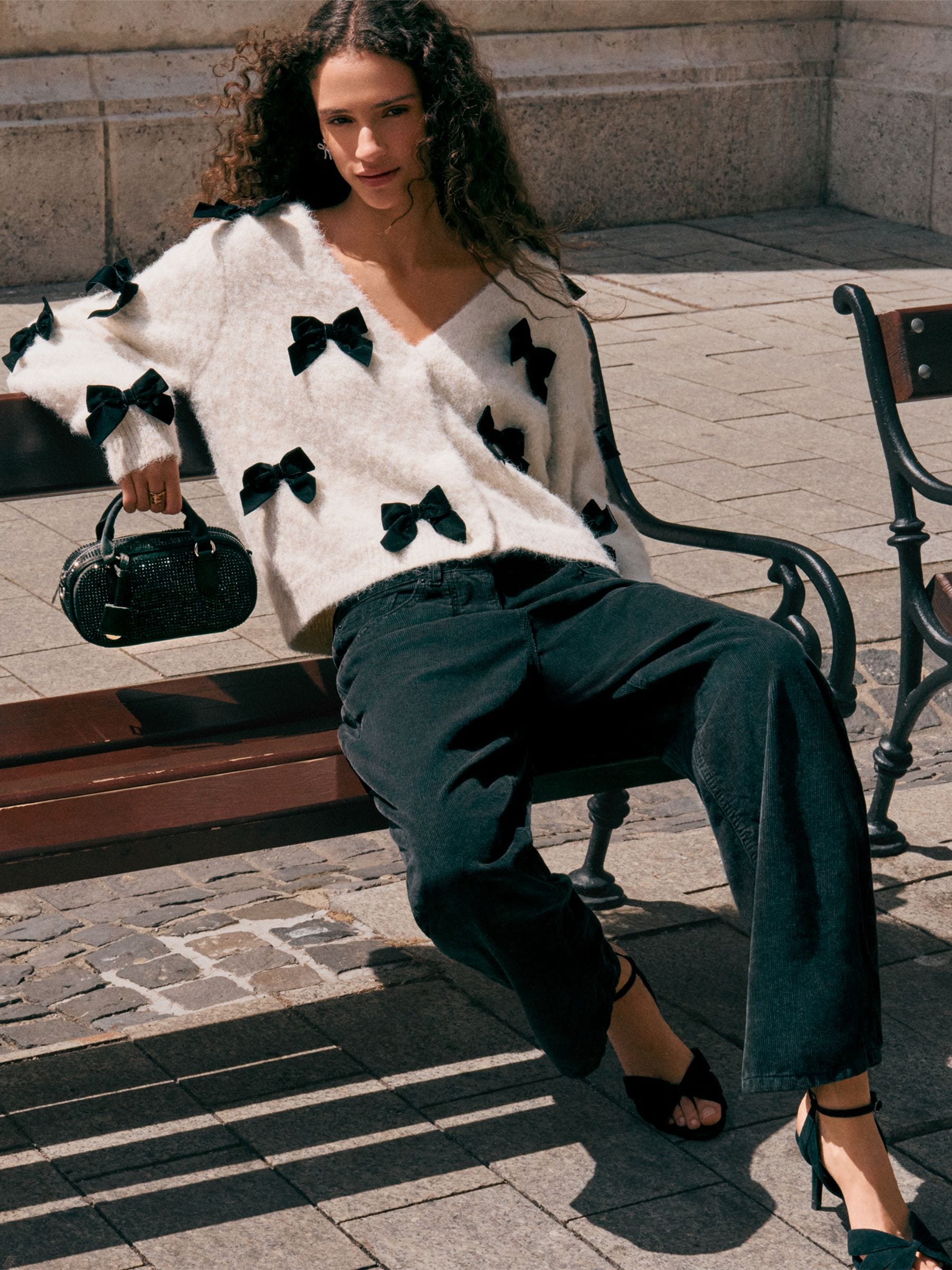 Ecru Knitted Velvet Bow Cardigan With Wool