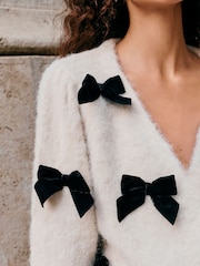 Ecru Knitted Velvet Bow Cardigan With Wool - Image 4 of 7