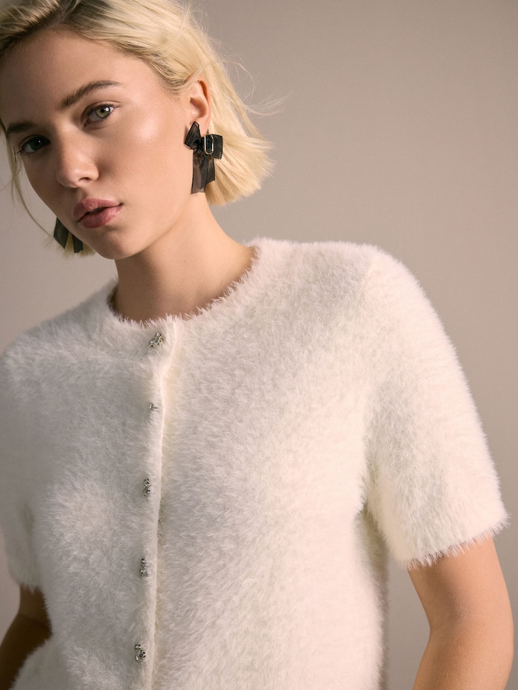 Ecru Gem Button Textured Short Sleeve Cardigan - Image 1 of 8