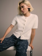 Ecru Gem Button Textured Short Sleeve Cardigan - Image 2 of 8