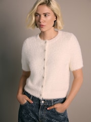 Ecru Gem Button Textured Short Sleeve Cardigan - Image 3 of 8
