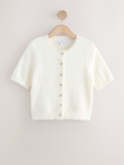 Ecru Gem Button Textured Short Sleeve Cardigan - Image 6 of 8