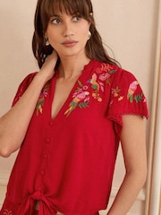 Rot/Papagei - Love & Roses Besticktes Tropisches Strandtop - Bild 2 von 4
