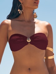 Love & Roses Burgundy Red Textured Shell Trim Bandeau Bikini Top - Image 2 of 4