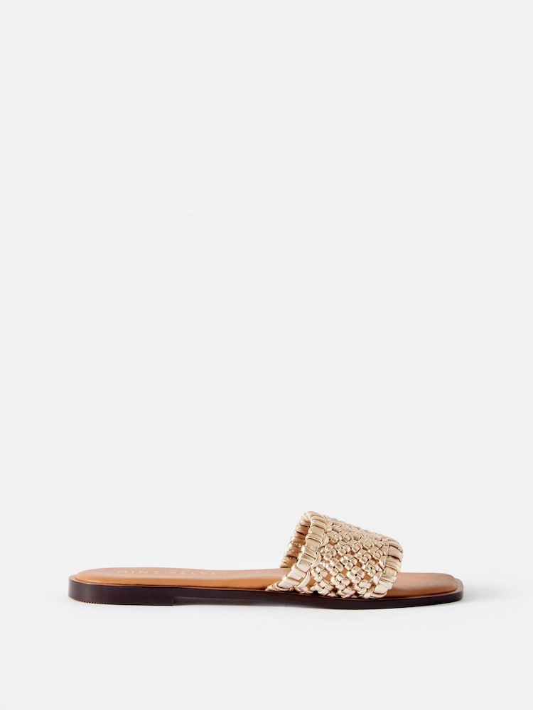 Mint Velvet Gold Sophie Leather Woven Sliders - Image 2 of 5