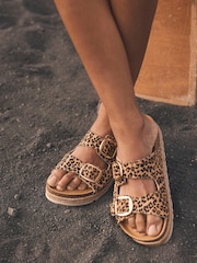Mint Velvet Natural Holly Leopard Print Textured Flat Sandals - Image 1 of 5