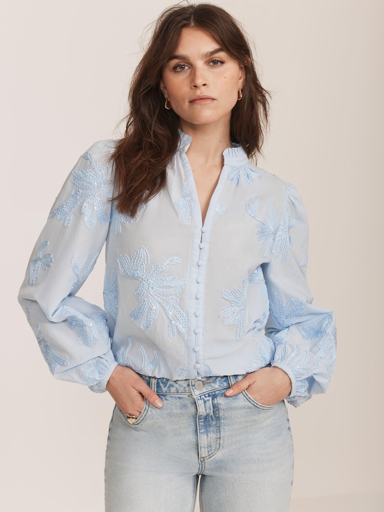 Mint Velvet Blue Floral 100% Cotton Blouse - Image 5 of 8