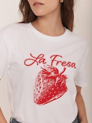 Mint Velvet Red Strawberry Graphic 100% Cotton T-Shirt - Image 3 of 7