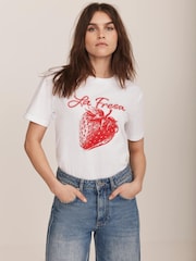 Mint Velvet Red Strawberry Graphic 100% Cotton T-Shirt - Image 4 of 7