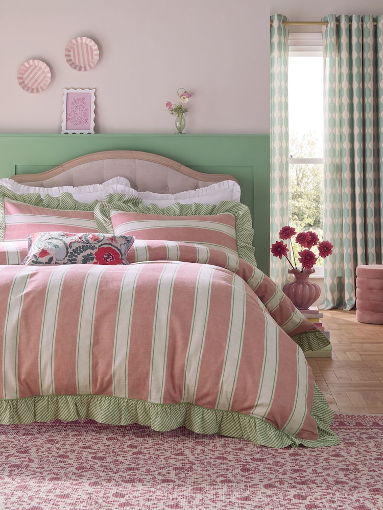 Pink Stripe Brushed Frill Duvet Cover and Pillowcase Set - Image 1 of 4 Pink Stripe Brushed Frill Duvet Cover and Pillowcase Set - Image 1 of 4