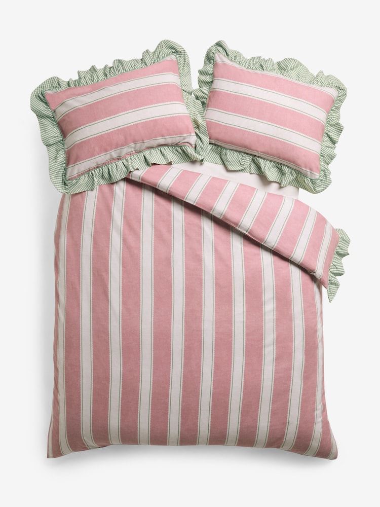 Pink Stripe Brushed Frill Duvet Cover and Pillowcase Set - Image 2 of 4 Pink Stripe Brushed Frill Duvet Cover and Pillowcase Set - Image 2 of 4