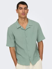 Only & Sons Green Cuban Collar Seersucker 100% Cotton Shirt - Image 1 of 7