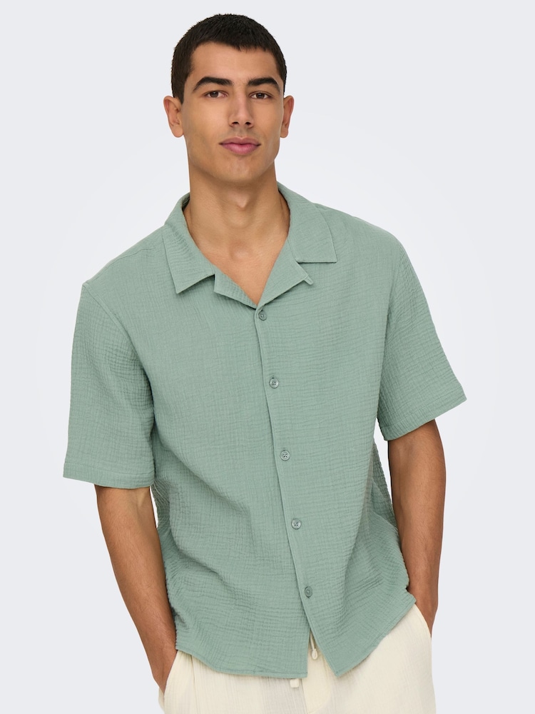 Only & Sons Green Cuban Collar Seersucker 100% Cotton Shirt - Image 1 of 7