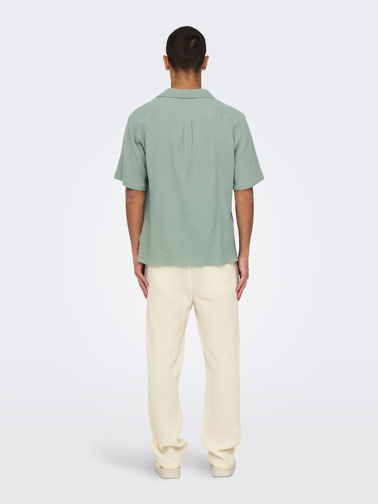 Only & Sons Green Cuban Collar Seersucker 100% Cotton Shirt - Image 3 of 7
